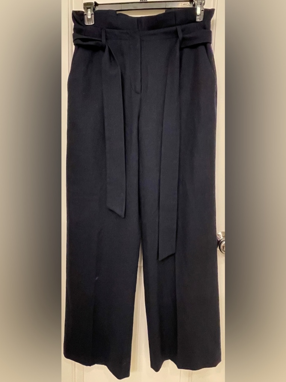 Boden Navy Wide-Leg High Waist Belted Wool Trousers
